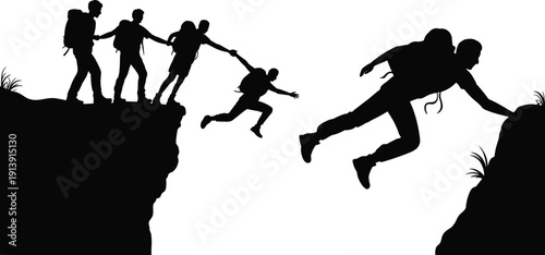 Hikers silhouettes teamwork on cliff, adventure climbing illustration, cooperative action concept, outdoor lifestyle design, trust representation, dramatic mountain activity artwork