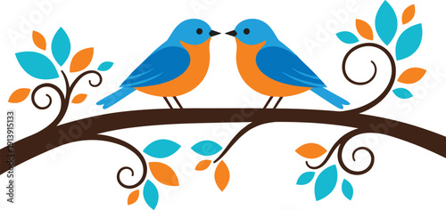 Cute love birds on tree branch illustration, colorful romantic bird couple vector isolated on white background design