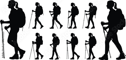 Hiking silhouettes with backpack and poles, outdoor adventure walking figures, trekking motion illustration, mountain travel concept, lifestyle design, physical activity representation
