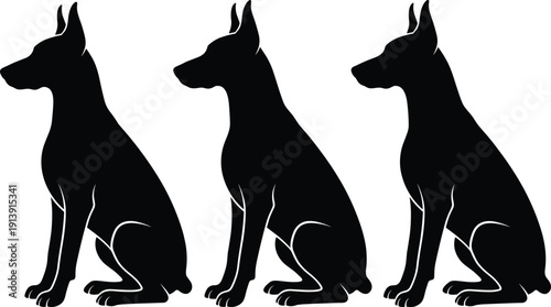 Doberman dog silhouette set, black sitting guard canine vector illustration isolated on white background design collection