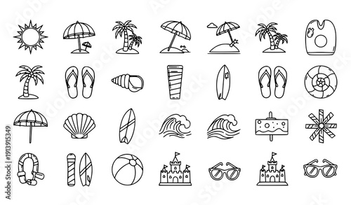 Hand Drawn Beach Icons Pack with Summer Symbols Vector Collection Isolated Elements