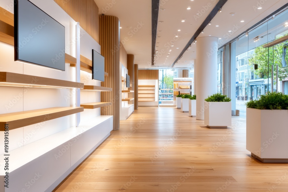 Obraz premium Modern Store Display Wall with Fully Powered Shelving and Clean Aesthetic