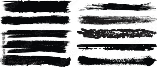 Black grunge brush strokes set isolated on transparent background, dry ink paint texture collection, abstract distress brush lines design elements