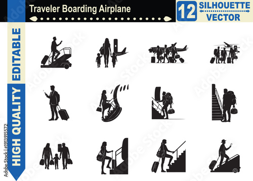 Silhouette set of a traveler boarding an airplane with luggage, representing business travel, vacation departures, and international holiday journeys.