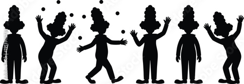 Funny clown silhouettes juggling balls, cartoon character collection, playful circus performer poses, black isolated figures on white background