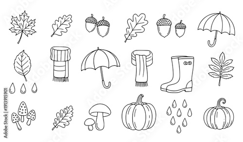 Hand Drawn Autumn Doodle Icon Set with Falling Leaves Umbrella and Fall Season Outline Elements Vector