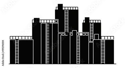 Black and white cityscape with modern skyscrapers and urban buildings.