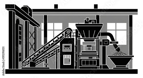 Industrial machinery in a factory setting with conveyor belts and equipment.