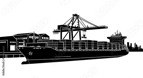 Container cargo ship docked at a port with cranes.