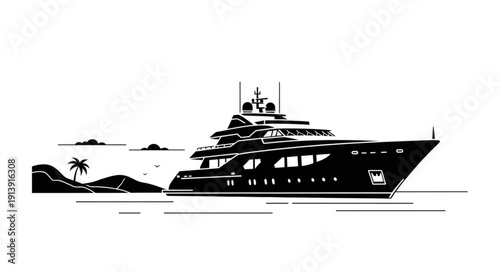 Luxury Yacht Sailing Near Tropical Island Silhouette.