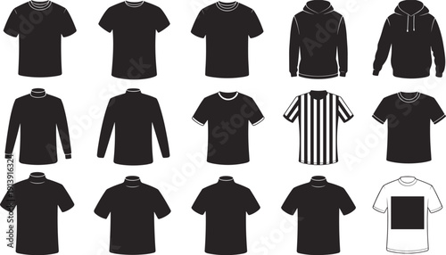 Shirt and top silhouettes collection, fashion apparel illustration, t-shirt hoodie long sleeve mock neck design, clothing style concept, wardrobe template representation