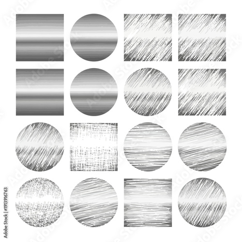 Lottery scratch card graphic elements, vintage silver ticket, frayed circle and square frames, distressed worn texture, rough uneven edges, grunge foil, instant reveal symbols, prize, coin, raffle