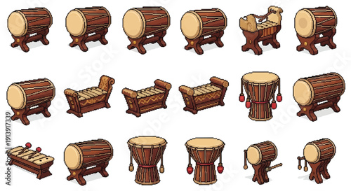 Collection of Various Drums and Percussion Instruments.