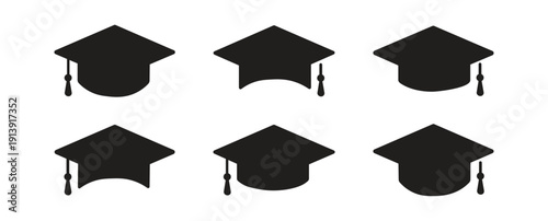 Graduation Cap Icon Set Vector Illustration – Academic Mortarboard Symbols, Education and Learning Achievement, University and School Graduation Icons Collection, Flat and Minimal Design Isolated on W