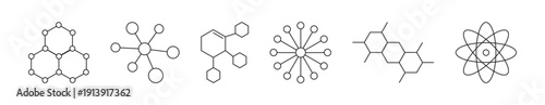 Abstract Molecular Structure Icons Set Featuring Chemical Bonds, Atom Networks and Science Connection Symbols – Minimal Line Science and Technology Illustrations Isolated on White Background.