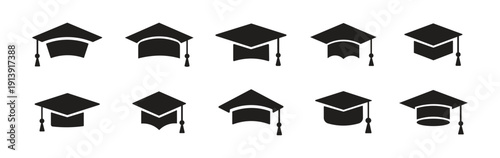 Graduation Cap Icon Set Vector Illustration – Academic Mortarboard Symbols, Education and Learning Achievement, University and School Graduation Icons Collection, Flat and Minimal Design Isolated on W