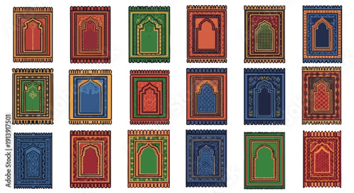 Collection of colorful archway designs on cards.