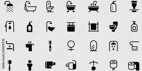 Modern Bathroom Shower Facility Icon Sign, vector illustration depicting shower symbols, restroom and hygiene signage, public facility icons, water and hygiene representation, and clean minimalist 