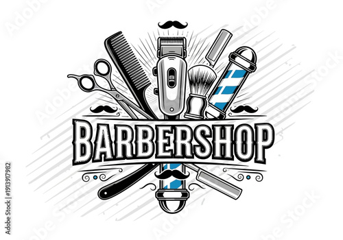 Vintage Barbershop Logo Design with Classic Barber Tools Vector Illustration