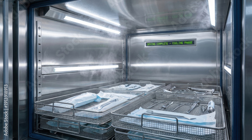 Sterile stainless steel sterilization cabinet with instrument trays cooling after drying, clinical lighting and vapor visible