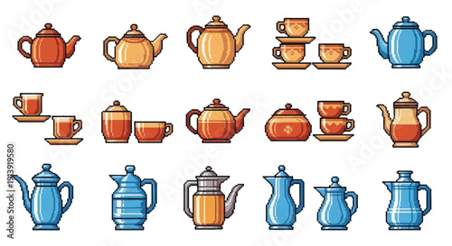 Collection of Various Colored Teapots and Cups.