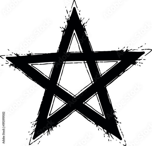Grunge Black Pentagram Star Symbol Isolated on White Background for Tattoo or Occult Design