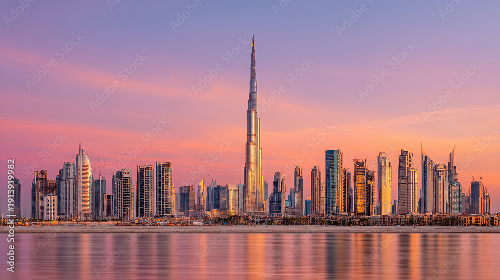 Obraz premium Sunset city skyline with tall modern skyscraper and calm water reflection