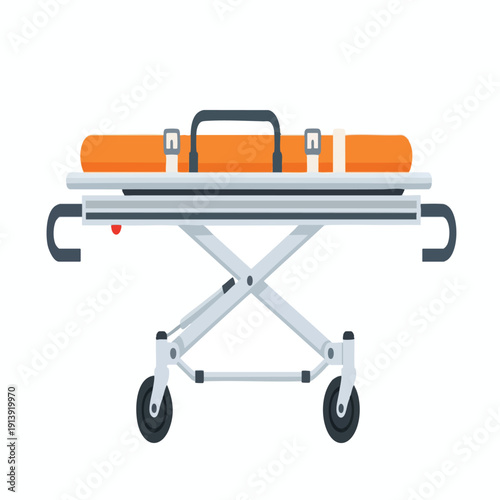 Medical Stretcher with Orange Bag on White Background