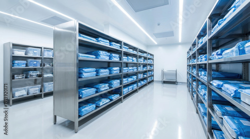 Sterile storage room with stainless steel shelving and blue wrapped medical supplies neatly organized, clinical bright clean environment with cart