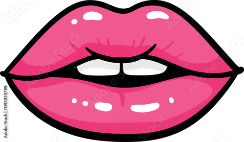 Glossy Pink Lips Vector Illustration with Bite Expression for Pop Art and Beauty Design