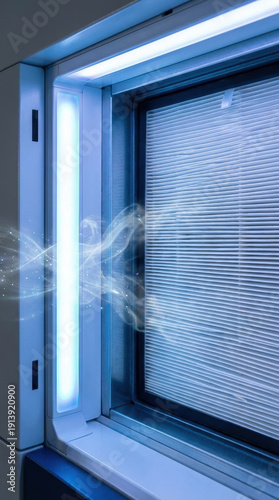 Clean air flowing through modern window air filtration system glowing blue with pleated filter and venting particles