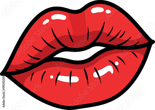 Red Glossy Lips Vector Illustration Isolated on White Background for Pop Art and Beauty Design