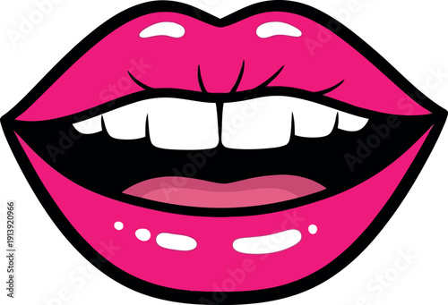 Pink Cartoon Lips Vector Illustration with Bite Expression for Pop Art and Fashion Design