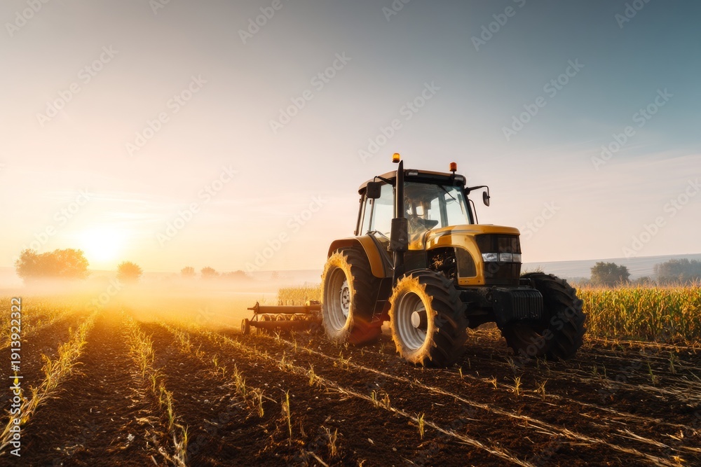 Obraz premium Tractor Plowing Cornfield at Sunrise with Gentle Light in Rural Landscape