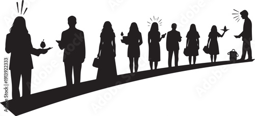 Business people standing in line with stressed expressions shown