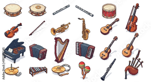 Collection of Various Musical Instruments and Accessories.
