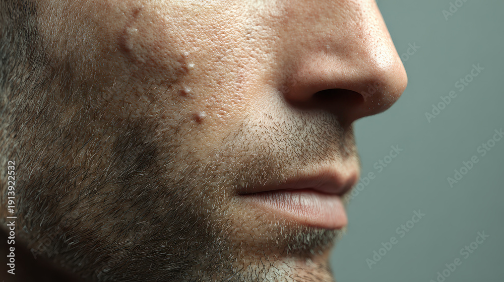 Obraz premium Close up of male face with acne and stubble showing skin texture and pores