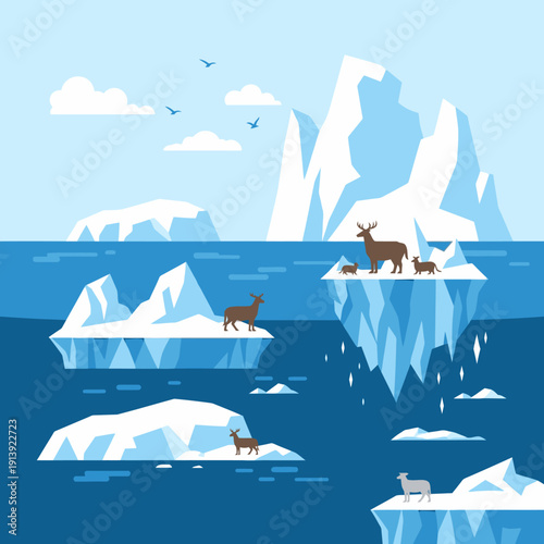 Deer on Iceberg in Ocean Water.