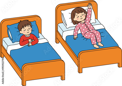 Cute cartoon illustration of two young siblings in separate beds where a boy sleeps peacefully while a girl wakes up and stretches in pajamas