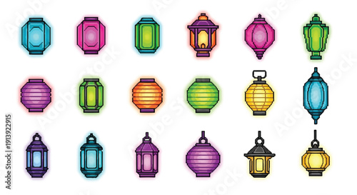 Colorful Lanterns in Grid Pattern Display.