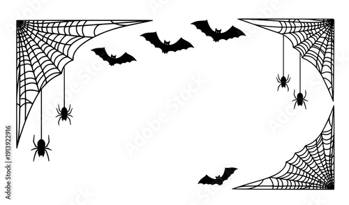 Halloween Cobweb Frame with Bats and Spiders Black Silhouette Vector Design