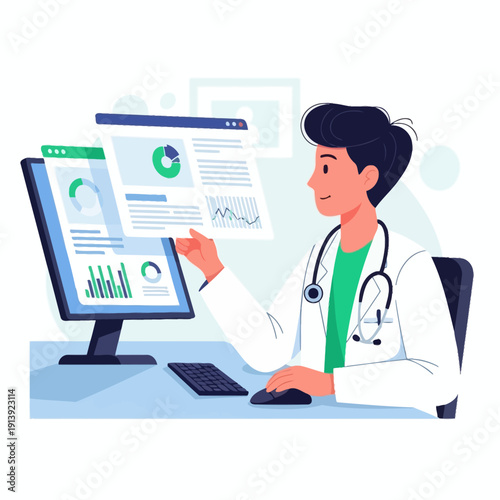 Doctor analyzing data on computer screen.