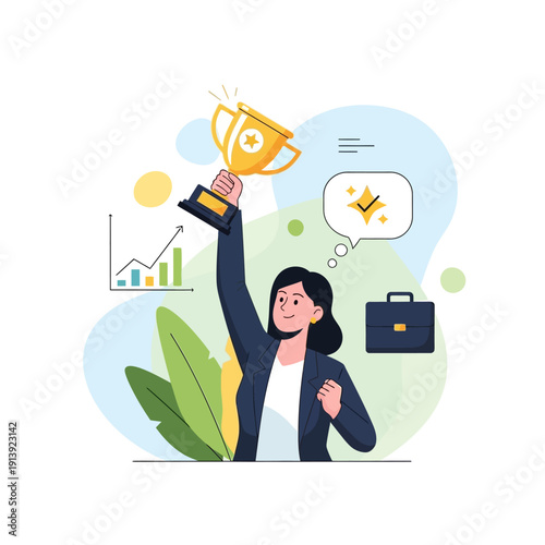 Businesswoman holding up a trophy.
