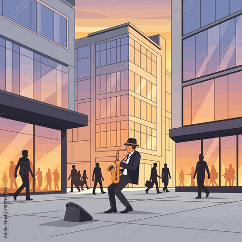 Businessman walking on city sidewalk.