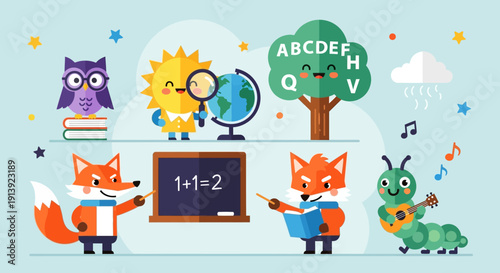 Cartoon animals in classroom setting.