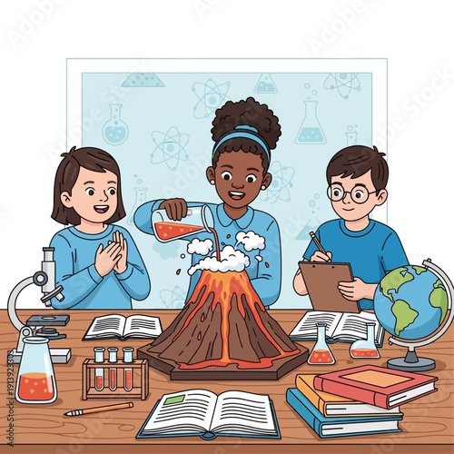 Children conducting science experiment with volcano.