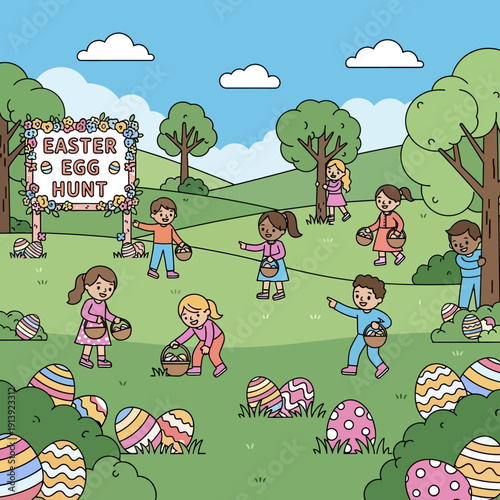 Children on Easter egg hunt together.