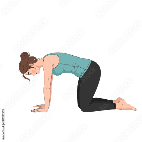 Woman in yoga pose on knees with hands on ground