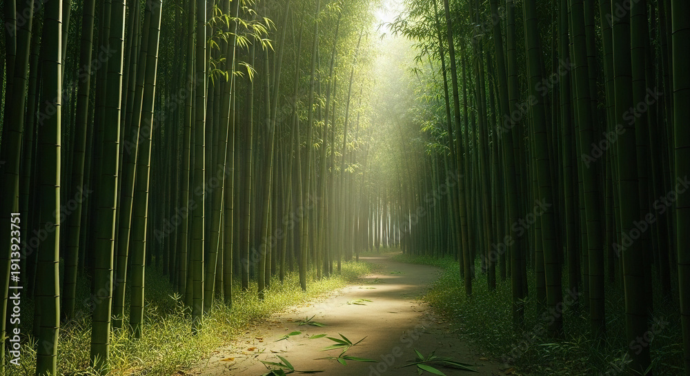 Obraz premium Pathway through dense bamboo grove with sunlight filter