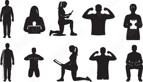 Diverse group of people in various poses and activities